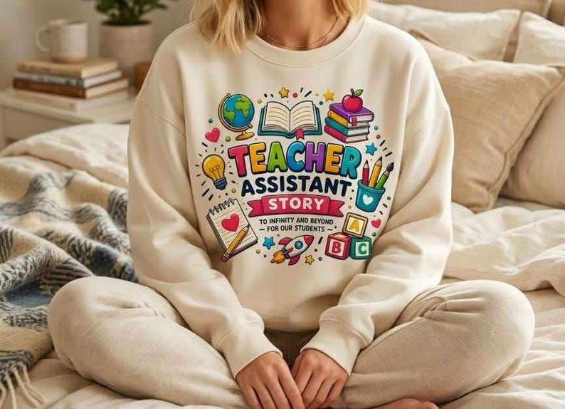 May include: Cream-colored sweatshirt with a colorful graphic that reads "Teacher Assistant Story" with illustrations of a globe, books, pencils, and a rocket ship. The text "To infinity and beyond for our students" is also included.