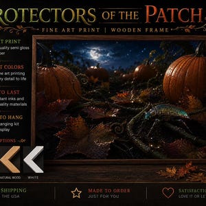 Decoración de otoño oscuro / Protectores del huerto de calabazas / Lámina de arte con marco de madera auténtica / Serie de resortes sintéticos