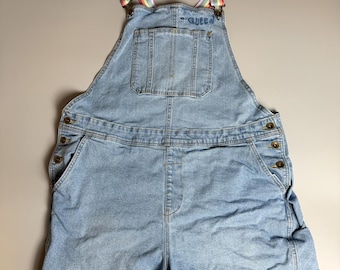 Vintage Denim Short Overalls Rainbow Strap Dungarees, Light Wash Denim Romper XL