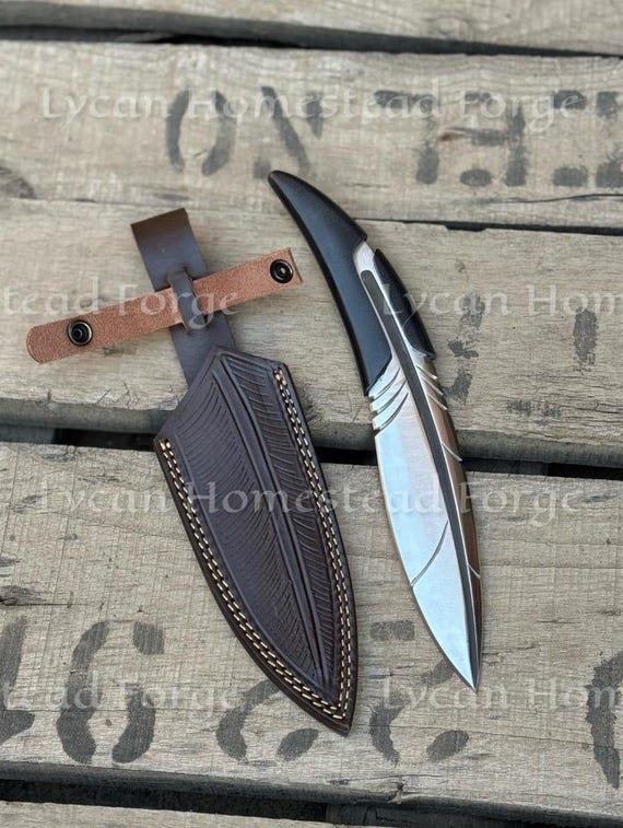 Handmade Feather Knife | D2 Steel Full Tang | Black Micarta Handle | Tooled Leather Sheath | Gift for Him | Hunter Gift | Birthday Gift