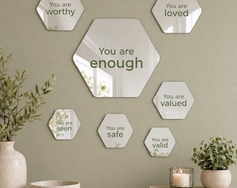 Self Worth Affirmation Mirror Set, 7 Engraved Hexagon Mirrors, Sage Green Decor