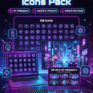 Neon Cyberpunk Desktop Icons Pack, 4K Wallpapers, macOS Windows Customization (Digital Download)