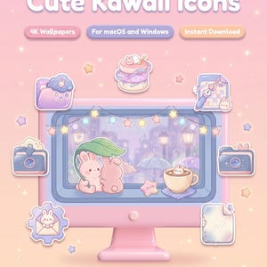 May include: A digital illustration featuring a pink computer monitor with kawaii-style icons. The icons include a cloud folder, a layered dessert, a calendar, a camera, a gear with an envelope, and a document. The background is a soft pink and blue gradient.