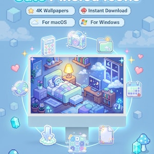 May include: Cute Pixelated Icons digital art with a blue and white theme. The image features a computer screen with a bedroom scene, and various pixelated icons. Text includes "4K Wallpapers", "Instant Download", "For macOS", and "For Windows".