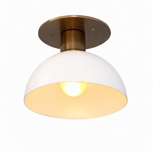 Flush Mount Light, Brass Dome Ceiling, White Metal