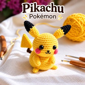 May include: A yellow crocheted Pikachu figure with black-tipped ears, pink cheeks, and a lightning bolt-shaped tail. The text "Pikachu Pokémon" appears above the figure. The character has black eyes and a small stitched mouth, crafted with yarn.