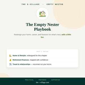 May include: A digital document titled The Empty Nester Playbook by The E-Village. It features a house icon and lists topics including home and lifestyle, retirement finances, and travel and relationships. The footer includes the text the e-village.com.