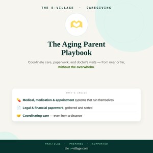 May include: A digital informational graphic titled The Aging Parent Playbook by The E-Village Caregiving. It outlines resources for medical, medication, and appointment systems, legal and financial paperwork, and coordinating care from a distance.