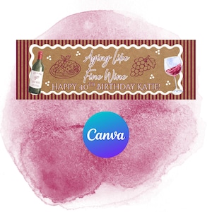 Puede incluir: Una etiqueta rectangular para botella de vino con fondo marrón y rayas verticales de color rojo oscuro. Incluye ilustraciones de una botella de vino, una tabla de quesos y una copa de vino tinto. El texto dice: Aging like Fine Wine HAPPY 40TH BIRTHDAY KATIE!