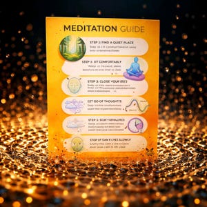 May include: A yellow Meditation Guide with instructions for meditation. The guide includes steps like finding a quiet place, sitting comfortably, closing eyes, letting go of thoughts, and staying focused. The guide has illustrations and text.