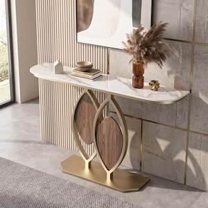 Luxury Marble Console Table, Gold Sculptural Base, Italian Modern Entryway Table, Walnut Wood Inlay Hallway Furniture, Home Decor