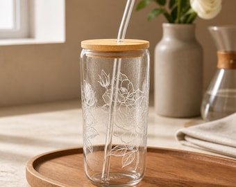 Floal Iced Coffee Glass | Reusable Glass Tumbler with Bamboo Lid & Straw | Gift for Her