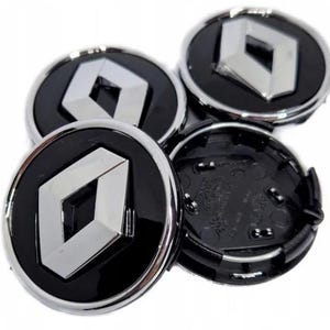 Pode incluir: Conjunto de quatro calotas centrais de roda Renault pretas e prateadas. Cada calota apresenta o logótipo Renault em prata sobre um fundo preto, com uma borda brilhante cromada. Uma calota é mostrada sem a face.