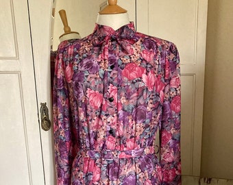 Vintage 80s Retro Vestido Floral en Rosas Tamaño Mediano/Grande 12/14/16