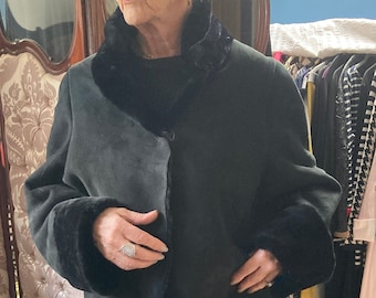 Kurtka Vintage 80s Black Batwing Shearling Sheepskin Short Jacket Rozmiar 12/14/16