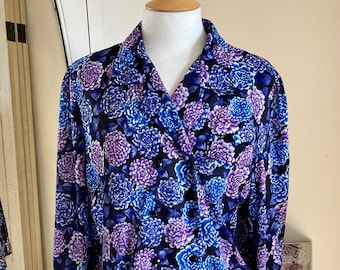 Vintage Retro 80s Purple Floral Blouse Oversized Large