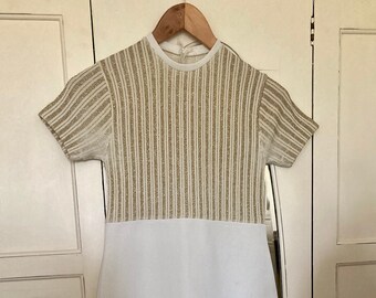 Vintage Retro 1960s Skintight Blanco y Oro cojo Wiggle Dress Pequeño 6/8/10