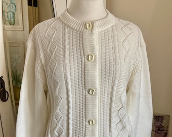Womens Vintage Retro Cream Cable knit Cardigan. 80s Medium/Large 12/14/16