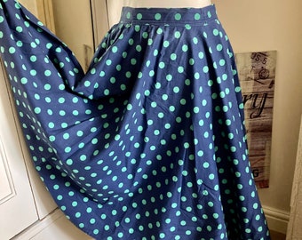 Vintage Navy/Green Polka Dot Circular Swing Skirt 1950s Rock n Roll Small / Medium 8/10/12