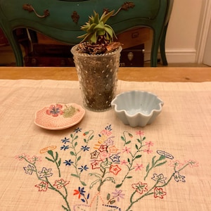 Vintage Antique Hand Embroidered Linen Tablecloth /Table Linen Floral Beige