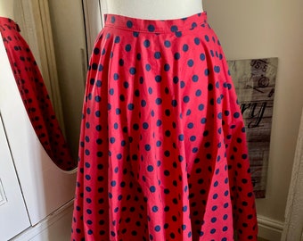 Vintage Red/Navy Polka Dot Circular Swing Skirt 1950s Rock n Roll  Small / Medium 8/10/12
