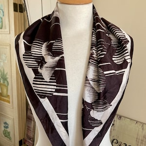 Vintage 80s Floral Brown and Cream Silk Scarf. Square with Daisy Print.