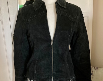 Vintage 80s/90s Black Suede/Leather Bikers Tassle Bomber Jacket By Paul Berman Medium 10/12