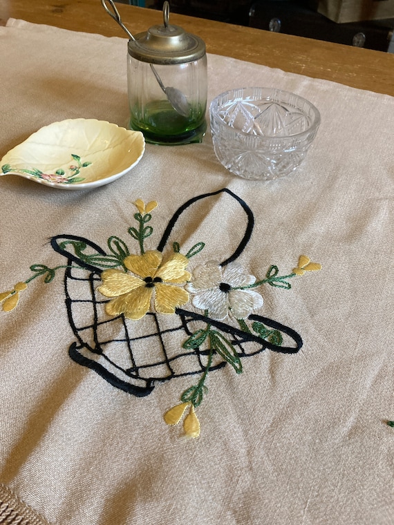 dressing table linen Vintage Retro Hand Embroidered Hessian Linen Tablecloth /table Linen /dressing  Table Yellow and Black Floral Design