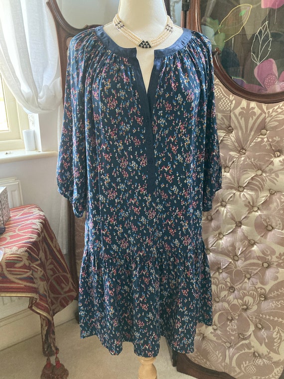 Vintage Sandro Navy Floral Silk Designer Drop waisted Dress Size 3 12/14