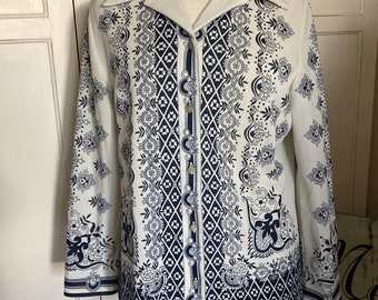 Vintage 70s Retro Crimplene Navy y White Shirt Blusa Top Mediano/Grande 14/12/16