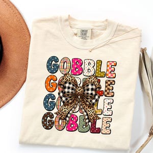Gobble Gobble Thanksgiving Shirt, Retro Plaid Turkey Day Graphic Tee, Fall Leopard Bow