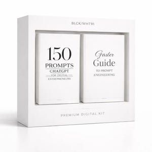 Puede incluir: Un juego de caja blanca con dos libros. El libro de la izquierda dice "150 PROMPTS CHATGPT FOR DIGITAL ENTREPRENEURS". El libro de la derecha dice "Gaster Guide TO PROMPT ENGINEERING". El conjunto está etiquetado como "PREMIUM DIGITAL KIT".