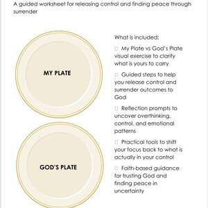 May include: A worksheet titled "My Plate & God's Plate" with two plate illustrations. The text includes a visual exercise, guided steps, reflection prompts, practical tools, and faith-based guidance for finding peace.