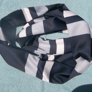 Silky Blue, Gray and White Striped Infinity Scarf