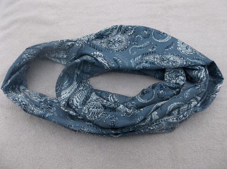 Silky Slate Blue with White Paisley Infinity Scarf