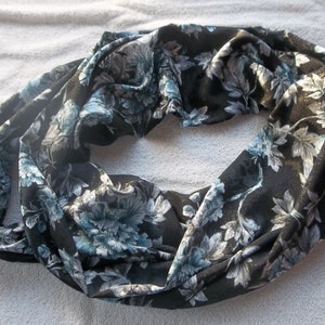 Silky Black Jaquard with blue flowers Infinity Scarf
