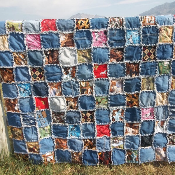 Throw size horses and denim rag quilt