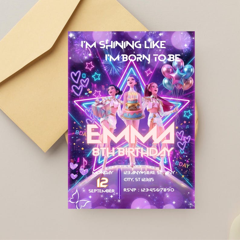 May include: A purple birthday invitation with the text "I'M SHINING LIKE I'M BORN TO BE" and "EMMA 8TH BIRTHDAY". The invitation features illustrations of three girls, balloons, hearts, and stars. The date is September 12.