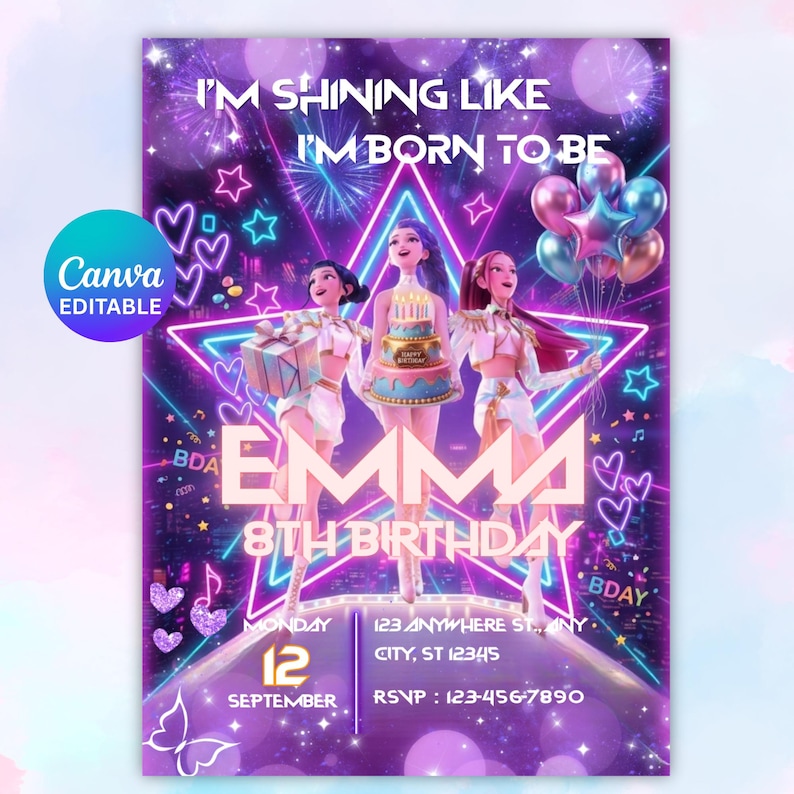 May include: A purple birthday invitation with the text "I'M SHINING LIKE I'M BORN TO BE" and "EMMA 8TH BIRTHDAY". The design features three animated figures, stars, hearts, and balloons. The date is September 12th.