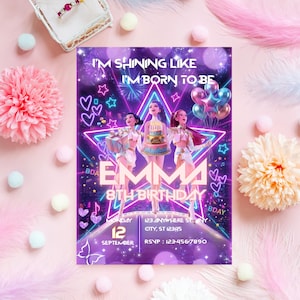 May include: A birthday invitation with a purple and pink theme. The invitation features the text "I'M SHINING LIKE I'M BORN TO BE" and "EMMA 8TH BIRTHDAY". It includes the date, time, and RSVP information. The design includes illustrations of three girls, stars, and balloons.