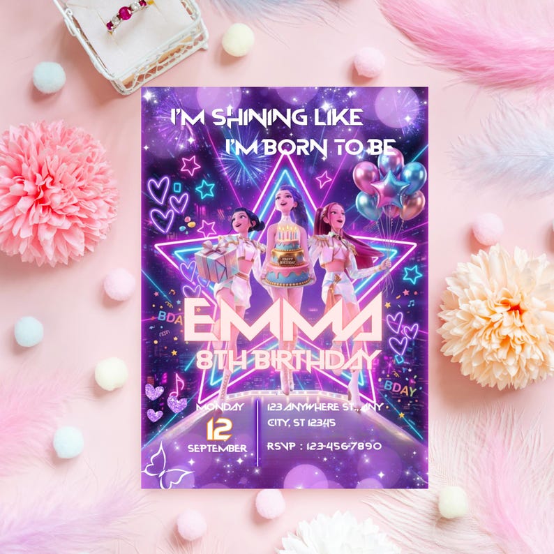May include: A birthday invitation with a purple and pink theme. The invitation features the text "I'M SHINING LIKE I'M BORN TO BE" and "EMMA 8TH BIRTHDAY". It includes the date, time, and RSVP information. The design includes illustrations of three girls, stars, and balloons.