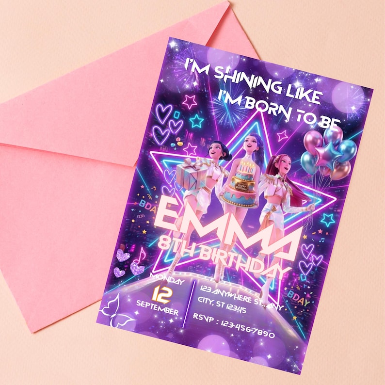 May include: A birthday invitation with a purple and pink theme. The invitation features the text "I'M SHINING LIKE I'M BORN TO BE" and "EMMA 8TH BIRTHDAY". The invitation also includes the date, time, and RSVP information.