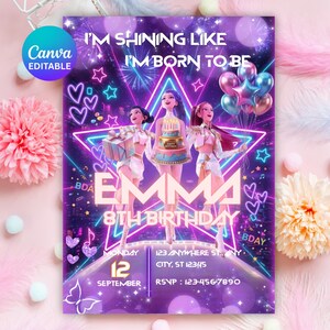 May include: A Canva editable birthday invitation with a purple and pink theme. The invitation features three animated figures, the name "EMMA", and the text "8th Birthday". The invitation includes the date, time, and RSVP information.