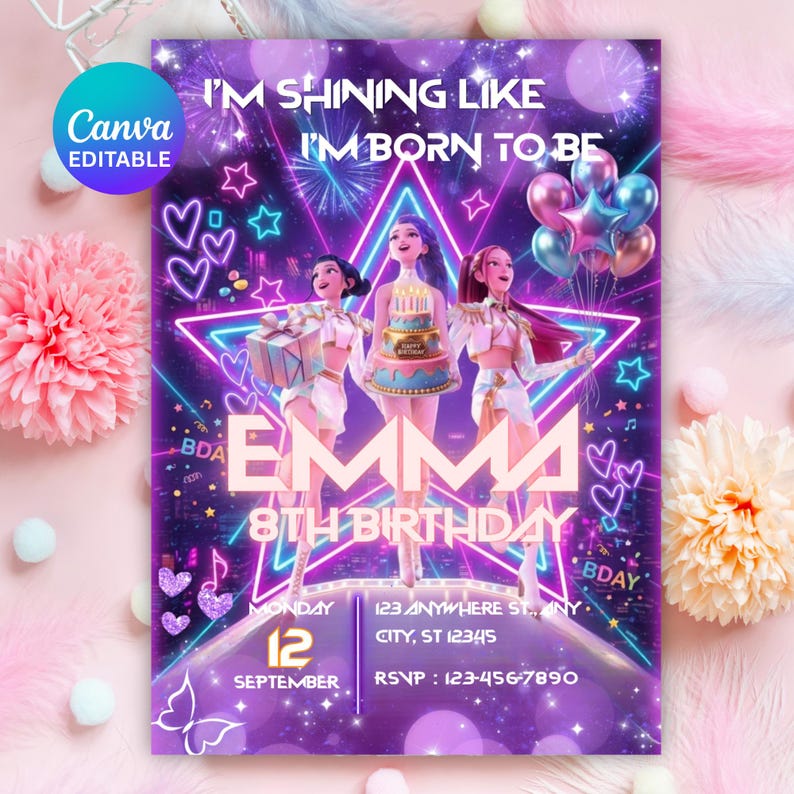 May include: A Canva editable birthday invitation with a purple and pink theme. The invitation features three animated figures, the name "EMMA", and the text "8th Birthday". The invitation includes the date, time, and RSVP information.