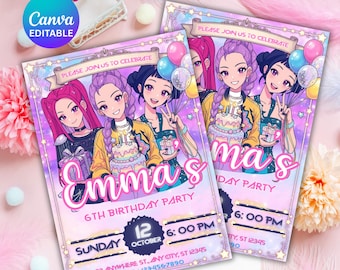 Editable K pop Demon Hunters Birthday Invitation Template,Canva Invite,Kpop Anime Party Invitation, Kids Birthday Printable,Digital Download