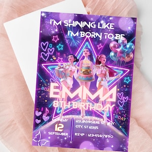 May include: A vibrant birthday invitation with a purple and pink theme. The invitation features three animated figures, a cake, balloons, and the text "EMMA 8TH BIRTHDAY". Additional text includes the date, time, and RSVP information.