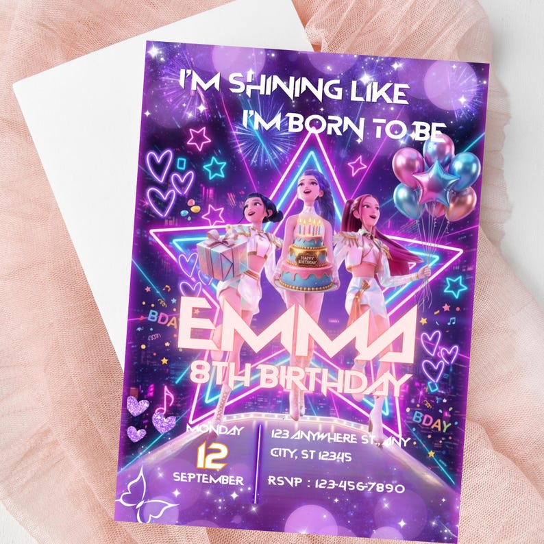 May include: A vibrant birthday invitation with a purple and pink theme. The invitation features three animated figures, a cake, balloons, and the text "EMMA 8TH BIRTHDAY". Additional text includes the date, time, and RSVP information.