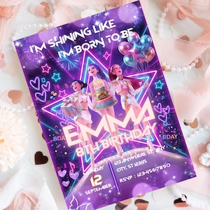May include: A purple birthday invitation with the text "I'M SHINING LIKE I'M BORN TO BE" and "EMMA 8TH BIRTHDAY". The invitation features illustrations of three girls, fireworks, and balloons. The date is September 12.