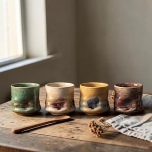 Puede incluir: Cuatro tazas de cerámica hechas a mano en varios colores: verde, crema, amarillo y granate. Cada taza tiene un esmalte único y una superficie texturizada. Una cuchara de madera y flores secas están sobre la mesa de madera.