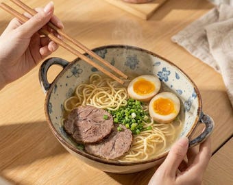 Japanese Ceramic Noodle Bowl with Handles 7.5 Inch | Ramen Soup Bowl Large Capacity | Asian Dinnerware Kitchen Serving Bowl